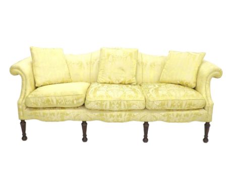 Attractive three seater sofa, pale gold damask upholstery, upon hexagonal tapered legs, 80" wide, 34" high, 34" deep