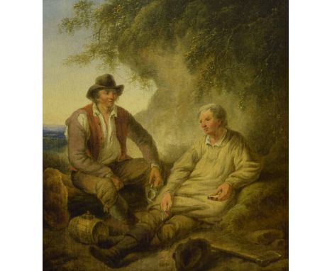 Circle of George Morland - The woodman's rest, two seated figures beside a tree, an axe in the foreground, oil on panel, 10" 