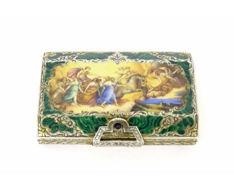 Fine Italian silver and enamel hinged box, of rectangular form engraved with foliate scrolls, the top painted and enamelled w