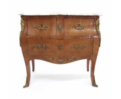 French kingwood inlaid bombé commode, the shaped white coloured veined marble top over two short and one long drawer, applied