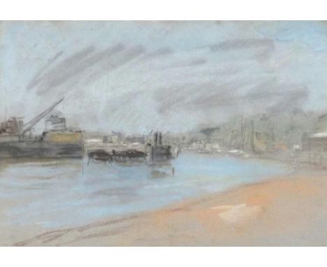 Bernard Sickert (1862/63-1932) - River scene with shipping, a crane and factories nearby, possibly a scene on The Thames, pen