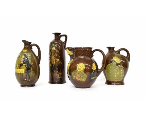 Royal Doulton Kings Ware Series including George the Guard Dewar's Scotch whisky jar, Micawber the Ever-expectant flask, ovoi