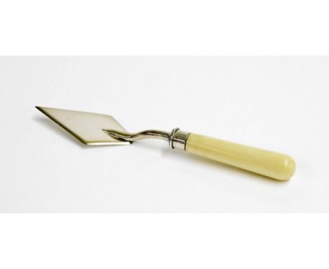 Small Masonic trowel, circa 1900 with silver plated lozenge shaped blade and ivory handle, 6.25" long