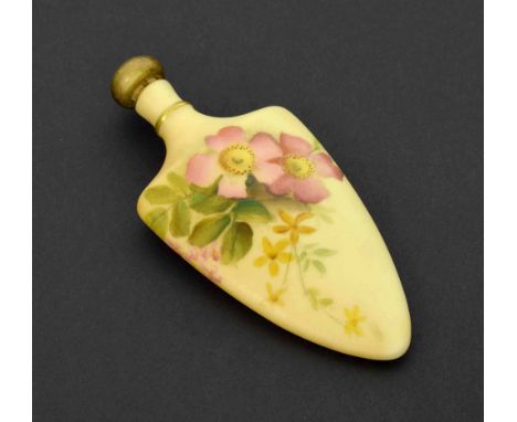 Royal Worcester blush ivory porcelain scent bottle and stopper, painted with flowers, printed gilt factory mark, 4" high