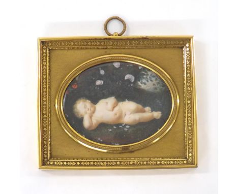 Continental School (19th century) - Portrait miniature of a sleeping child in a garden, said to be the Prince of Wales, inscr