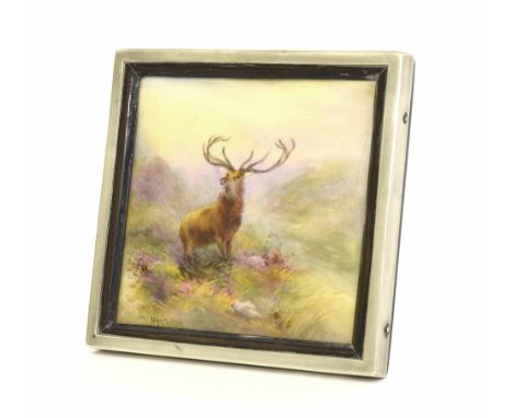 Royal Worcester porcelain rectangular plaque painted with a stag in a Highland landscape, signed H. Stinton (Harry), puce fac