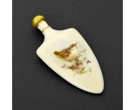 Royal Worcester porcelain blush ivory scent bottle and stopper, painted with a bird, printed gilt backstamp, 4"