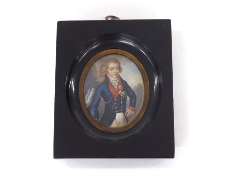 English School (19th century) - Portrait miniature of a military gentleman standing three-quarter length, wearing a blue coat