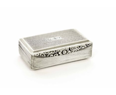 George IV silver engine turned snuff box, of rectangular form with engraved initials and cast and applied floral thumbpiece, 