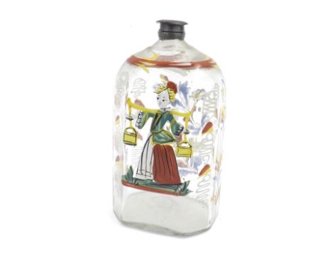 Mid 18th century Dutch enamelled glass flask, with polychrome decoration depicting a lady with a yoke and buckets, pewter mou