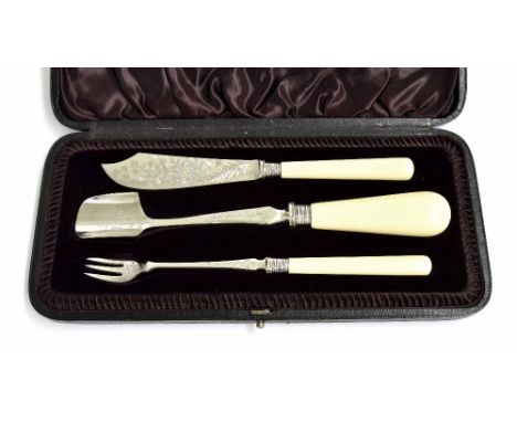 Victorian cased three piece cheese set, comprising stilton scoop, butter knife and cheese fork, all with bright cut floral de