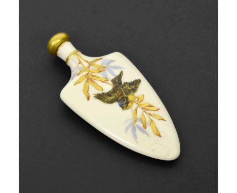 Royal Worcester porcelain blush ivory scent bottle and stopper, painted with a bird amidst gilded and pale blue foliage, puce