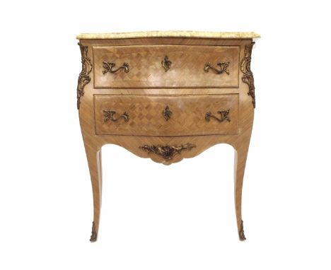 French kingwood and parquetry commode chest of drawers, the yellow veined marble top over two long drawers, fitted with gilt 