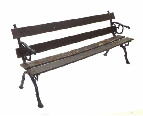 19th century garden bench, with cast naturalistic metal ends and plank rails, 72" wide, 32" high