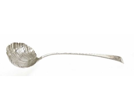 George III silver serving ladle, with bright-cut engraving and scallop shell bowl, maker George Baskerville, London 1769, 5.5