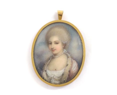 English School (19th/20th century) - Portrait miniature of a lady, head and shoulders, wearing white dress with fur stole and