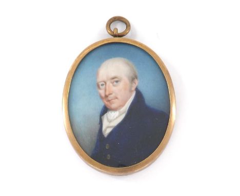 English School (19th century) - Portrait miniature of a gentleman, head and shoulders, wearing a blue coat with white stock, 