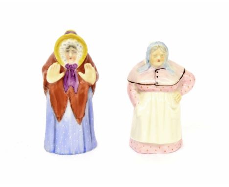 Two Royal Worcester porcelain candle snuffers modelled as elderly ladies, puce and green factory marks, the largest 3" high (