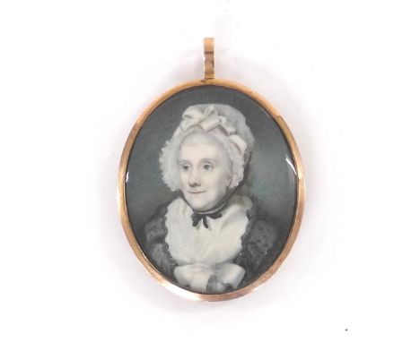 English School (19th century) - Portrait miniature of an elderly lady, head and shoulders, wearing a black lace dress with wh