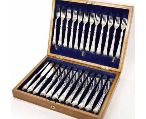 Albany pattern twelve setting silver fish knives and forks, maker Hawksworth, Eyre & Co Ltd. Sheffield 1919, cased, 40.2oz t 