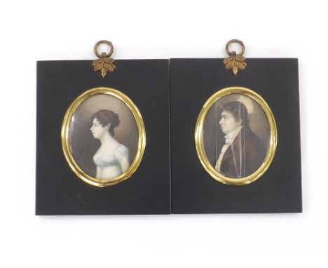 English School (19th century) - Portrait miniature of a lady, half length, wearing a cream dress; also a companion, a gentlem