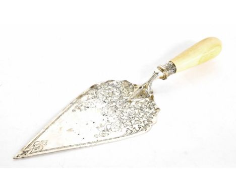 Victorian silver engraved cake slice with ivory handle, maker Levesley Brothers, Sheffield 1876, 13" long, 10.4oz t approx