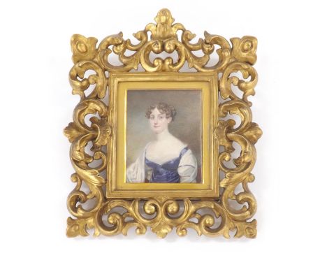 English School (19th century) - Portrait miniature of a lady, half length wearing a blue dress with white accessories, her ha