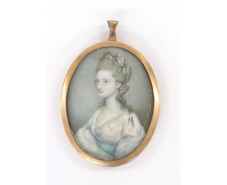 Attributed to John Taylor (1739-1838) - Portrait miniature of 'Mrs Mathews of Belmont, Herefordshire, date 1823, three-quarte