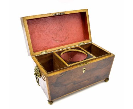 19th century rosewood and boxwood banded tea caddy, with two brass lion head and ring handles, the hinged lid enclosing three