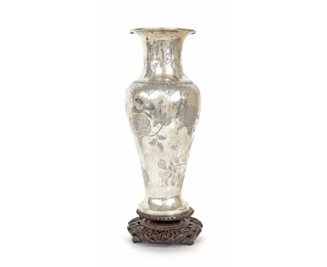 Chinese silver metal baluster shape vase, with foliate engraving, stamped marks, vase 10.5" high, upon a  hardwood stand, vas