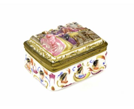 Capo di Monte porcelain and gilt metal mounted trinket box, decorated in relief with a ceremony to the top and portrait to th