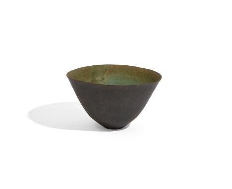 λ JOHN WARD (BRITISH 1938-2023)A LARGE GREEN AND BROWN BOWLStoneware with textured surface, impressed with JW seal24 x 41cm (