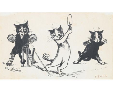 LOUIS WAIN (BRITISH 1860-1939) LEG STUMP, OUT! Ink Signed (lower left) inscribed with numbers 78433 (lower right) 12 x 19.5cm