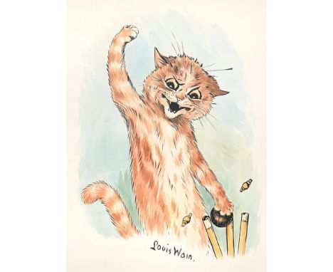 LOUIS WAIN (BRITISH 1860-1939) HOW'S THAT, UMPIRE !? Watercolour and ink  Signed (lower centre) inscribed with title below mo