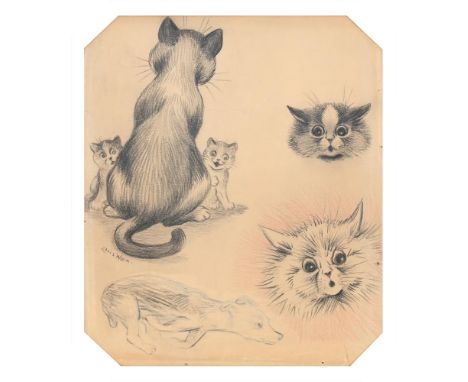 LOUIS WAIN (BRITISH 1860-1939)CATS, KITTENS AND A RUNNING DOG, STUDIES FROM A SKETCHBOOKCrayonSigned below tail of seated cat