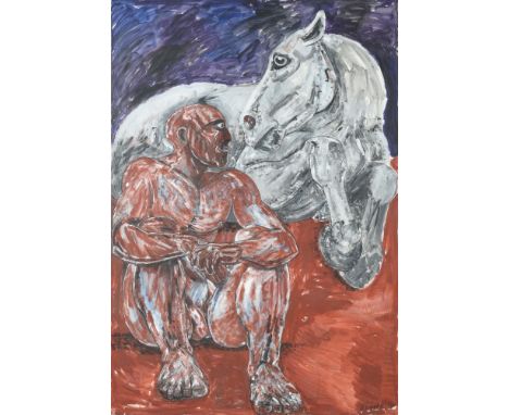 λ DAME ELISABETH FRINK (BRITISH 1930-1993)UNTITLED (MAN AND HORSE)Acrylic, charcoal and chalk Signed and dated 90 (lower righ