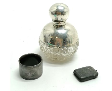 3 x silver inc engraved vesta case, napkin ring with bakelite liner &amp; hobnail cut glass scent bottle with silver top and 