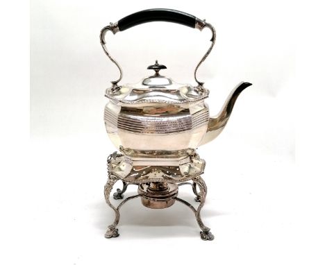 1910 silver small tea kettle with reeded detail to body and cast gadroon borders on stand terminating on 4 quatrefoil feet an