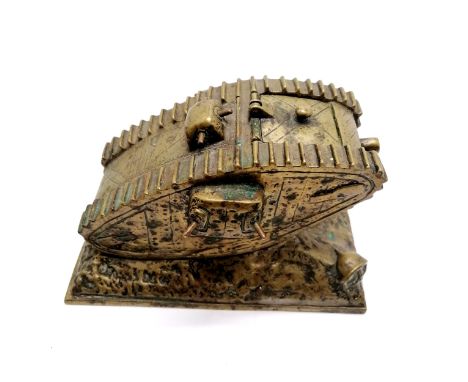 Large bronze inkwell in the form of a WWI tank - 22cm x 13cm x 14cm high &amp; lacks glass insert