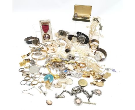 Tub of mixed jewellery inc albert chain with 2 silver fobs (both with unmakred gold detail), unmarked gold shanked blue stone