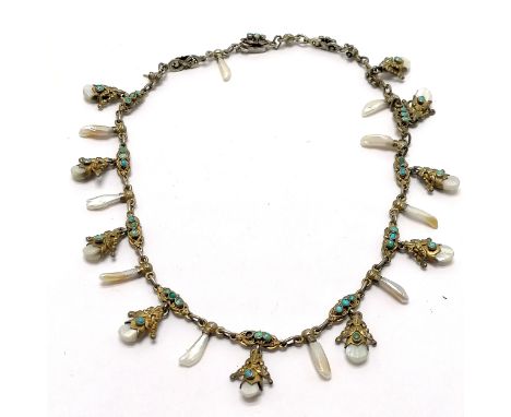 Antique unmarked silver turquoise / pearl necklace - 40cm long &amp; 34g total weight ~ some losses