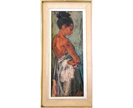 Mid Century framed print of an Indian girl wearing a sarong - written on reverse as by M Man - frame 75cm x 37cm ~ slight los