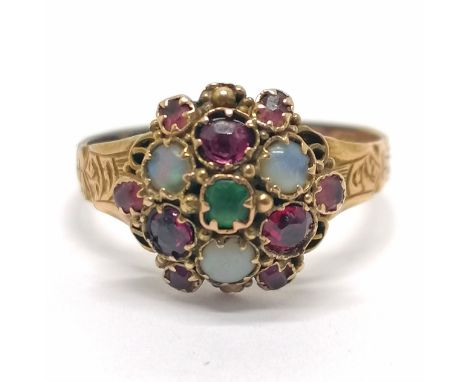 Antique 15ct hallmarked gold multi-stone set (inc opals) cluster ring - size M &amp; 1.9g total weight