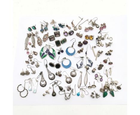 55 x pairs of silver earrings (some unmarked) inc connemara marble set shamrocks, hedgehog, bee, stone set etc - 128g total w