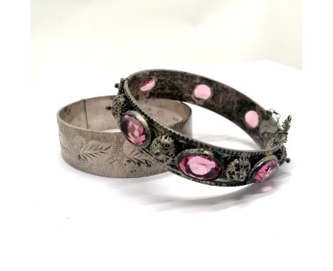 2 x silver bangles (stone set is unmarked) &amp; side opening is 6cm across ~ total weight (2) 77g