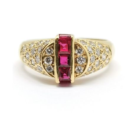 French 18ct marked gold unusual channel set ruby / diamond ring - size M½ &amp; 5.5g total weight