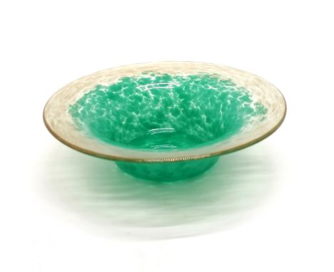 Monart green &amp; gold art glass dish - 27cm diameter ~ light abrasions to base otherwise no obvious damage
