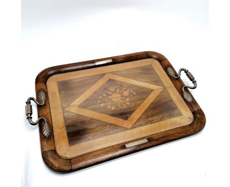 Antique Dutch silver marked handled tray in rosewood &amp; maple with marquetry centre - 70cm across x 48cm ~ has shrinkage c