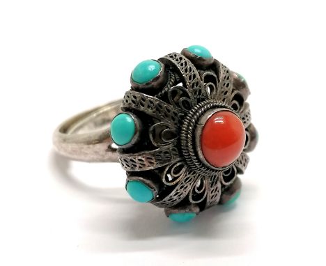 Silver Navajo native American Indian ring set with turquoise &amp; coral with adjustable shank - 7g total weight