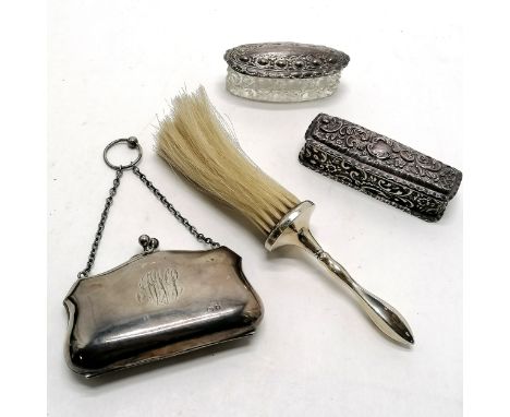4 x silver items ~ brush, ring purse (slight dents), hinge lidded box (9.3cm long &amp; holes to lid) &amp; lidded glass jar 